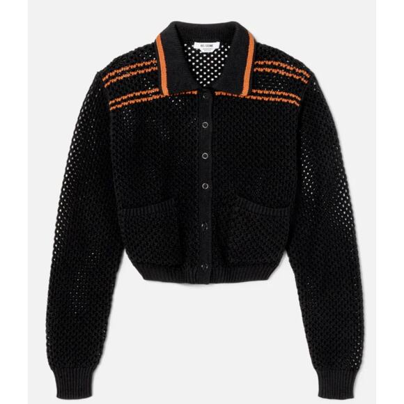 RE/DONE Black Crochet Mesh Polo Cardigan Women’s Size L - Picture 1 of 13